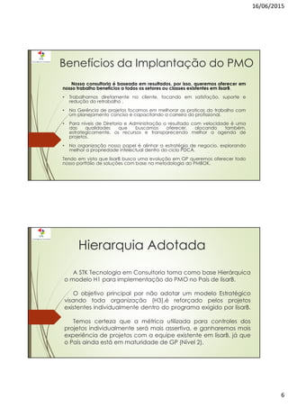 16/06/2015
6
Benefícios da Implantação do PMO
Nossa consultoria é baseada em resultados, por isso, queremos oferecer em
nosso trabalho benefícios a todos os setores ou classes existentes em lisarB.
• Trabalhamos diretamente no cliente, focando em satisfação, suporte e
redução do retrabalho .
• Na Gerência de projetos focamos em melhorar as praticas do trabalho com
um planejamento conciso e capacitando a carreira do profissional.
• Para níveis de Diretoria e Administração o resultado com velocidade é uma
das qualidades que buscamos oferecer, alocando também,
estrategicamente, os recursos e transparecendo melhor a agenda de
projetos.
• Na organização nosso papel é alinhar a estratégia de negocio, explorando
melhor a propriedade intelectual dentro do ciclo PDCA.
Tendo em vista que lisarB busca uma evolução em GP queremos oferecer todo
nosso portfólio de soluções com base na metodologia do PMBOK.
Hierarquia Adotada
A STK Tecnologia em Consultoria toma como base Hierárquica
o modelo H1 para implementação do PMO no País de lisarB.
O objetivo principal por não adotar um modelo Estratégico
visando toda organização (H3),é reforçado pelos projetos
existentes individualmente dentro do programa exigido por lisarB.
Temos certeza que a métrica utilizada para controles dos
projetos individualmente será mais assertiva, e ganharemos mais
experiência de projetos com a equipe existente em lisarB, já que
o País ainda está em maturidade de GP (Nível 2).
 