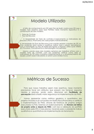 16/06/2015
8
Modelo Utilizado
A falta de conhecimento em GP pelo País de lisarB, mostra para STK que o
modelo mais assertivo para esse Portfólio neste momento específico é a
combinação de dois modelos.
• Torre de Controle
• Pool de Recursos
A necessidade da Torre de controle é basicamente os indicadores de
processo (Fisico, Financeiro) de cada projeto individualmente.
A necessidade do Pool de Recursos é em manter sempre a equipe de GP no
time, podendo assim evoluir e qualificar melhor todo o grupo, percebemos
que a maturidade no País de lisarB está ligado a Pessoas, pelas quais reflete
em Processos, Procedimentos e Metodologias mal definidas.
Mesmo usando esses dois modelos optamos por trabalhar off-line com o
modelo torre de controle, com isso podemos verificar como seria os
indicadores do GP para a próxima implementação e o amadurecimento da
equipe, porém esses indicadores só seriam para análise futura.
Métricas de Sucesso
Para que nossos trabalhos sejam mais assertivos, nesse momento
precisamos focar em atributos que possam nos fornecer respostas
rápidas e precisas, sendo assim, direcionar em Facilidade de
percepção dará a lisarB, maior segurança na implementação do PMO.
Vamos apresentar como métrica genérica o quantitativo dos
projetos iniciados e já concluídos em lisarB (Físico/financeiro) e certificar
a implementação do PMO, através de históricos de projetos antigos
executados no País, faremos um balanceamento do Número de falhas
de projeto antes e depois do PMO, com isso a validação do portfólio
executado pela STK é mais precisa, havendo para o presidente índices
qualitativos e quantitativos da implementação da ferramenta.
 