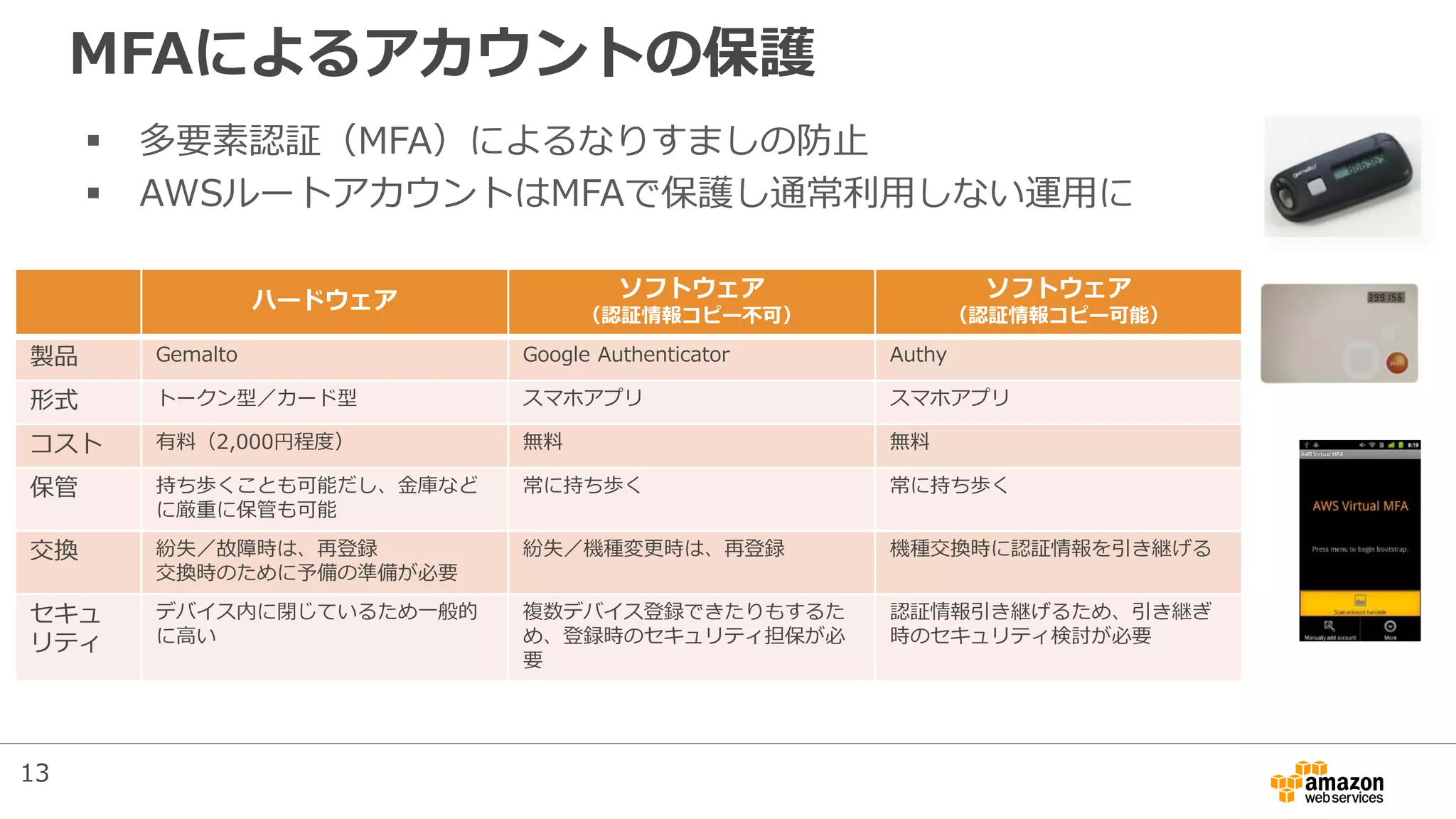 MFAによるアカウントの保護
 多要素認証（MFA）によるなりすましの防止
 AWSルートアカウントはMFAで保護し通常利用しない運用に
ハードウェア
ソフトウェア
（認証情報コピー不可）
ソフトウェア
（認証情報コピー可能）
製品 Gemalto Google Authenticator Authy
形式 トークン型／カード型 スマホアプリ スマホアプリ
コスト 有料（2,000円程度） 無料 無料
保管 持ち歩くことも可能だし、金庫など
に厳重に保管も可能
常に持ち歩く 常に持ち歩く
交換 紛失／故障時は、再登録
交換時のために予備の準備が必要
紛失／機種変更時は、再登録 機種交換時に認証情報を引き継げる
セキュ
リティ
デバイス内に閉じているため一般的
に高い
複数デバイス登録できたりもするた
め、登録時のセキュリティ担保が必
要
認証情報引き継げるため、引き継ぎ
時のセキュリティ検討が必要
13
 