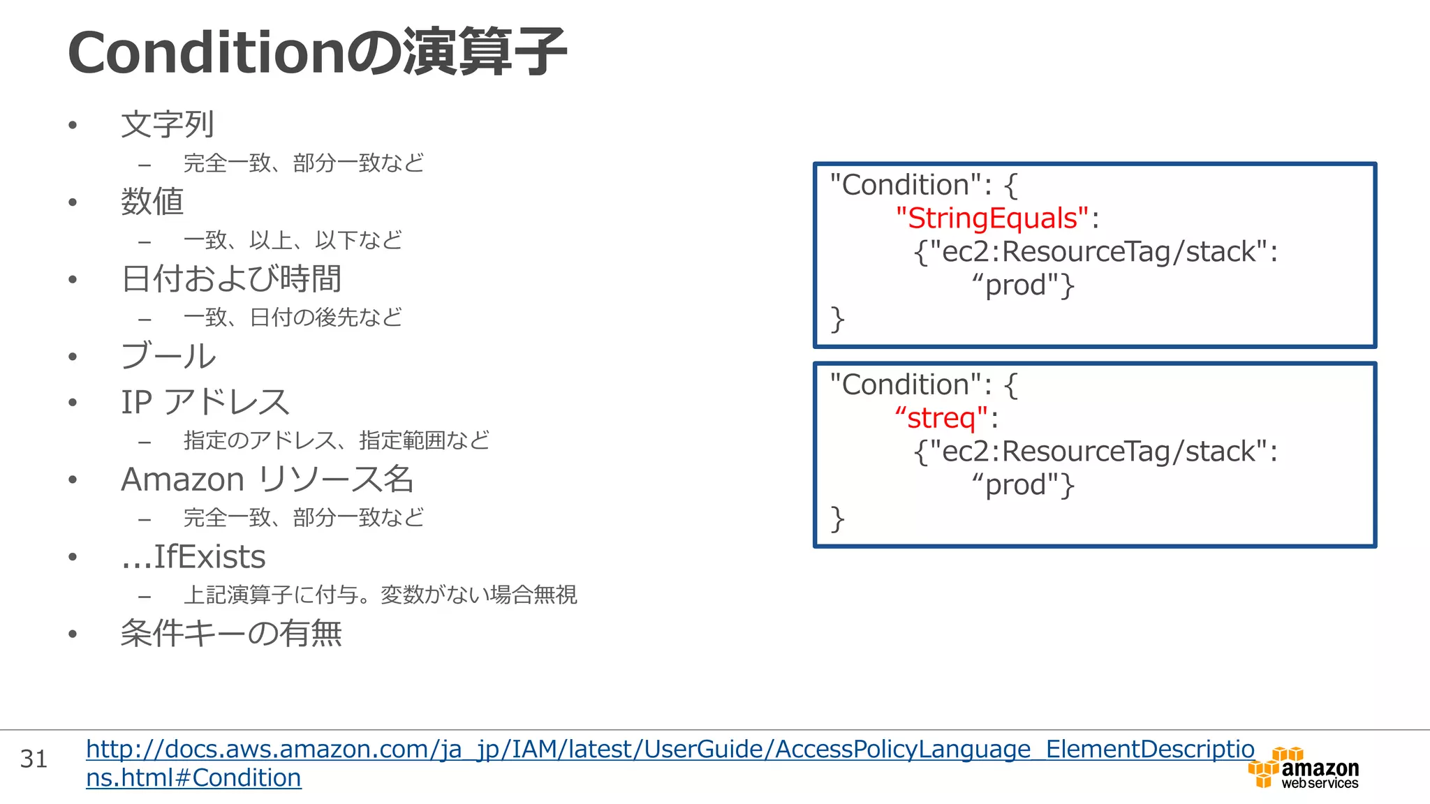Conditionの演算子
• 文字列
– 完全一致、部分一致など
• 数値
– 一致、以上、以下など
• 日付および時間
– 一致、日付の後先など
• ブール
• IP アドレス
– 指定のアドレス、指定範囲など
• Amazon リソース名
– 完全一致、部分一致など
• ...IfExists
– 上記演算子に付与。変数がない場合無視
• 条件キーの有無
"Condition": {
"StringEquals":
{"ec2:ResourceTag/stack":
“prod"}
}
"Condition": {
“streq":
{"ec2:ResourceTag/stack":
“prod"}
}
http://docs.aws.amazon.com/ja_jp/IAM/latest/UserGuide/AccessPolicyLanguage_ElementDescriptio
ns.html#Condition
31
 