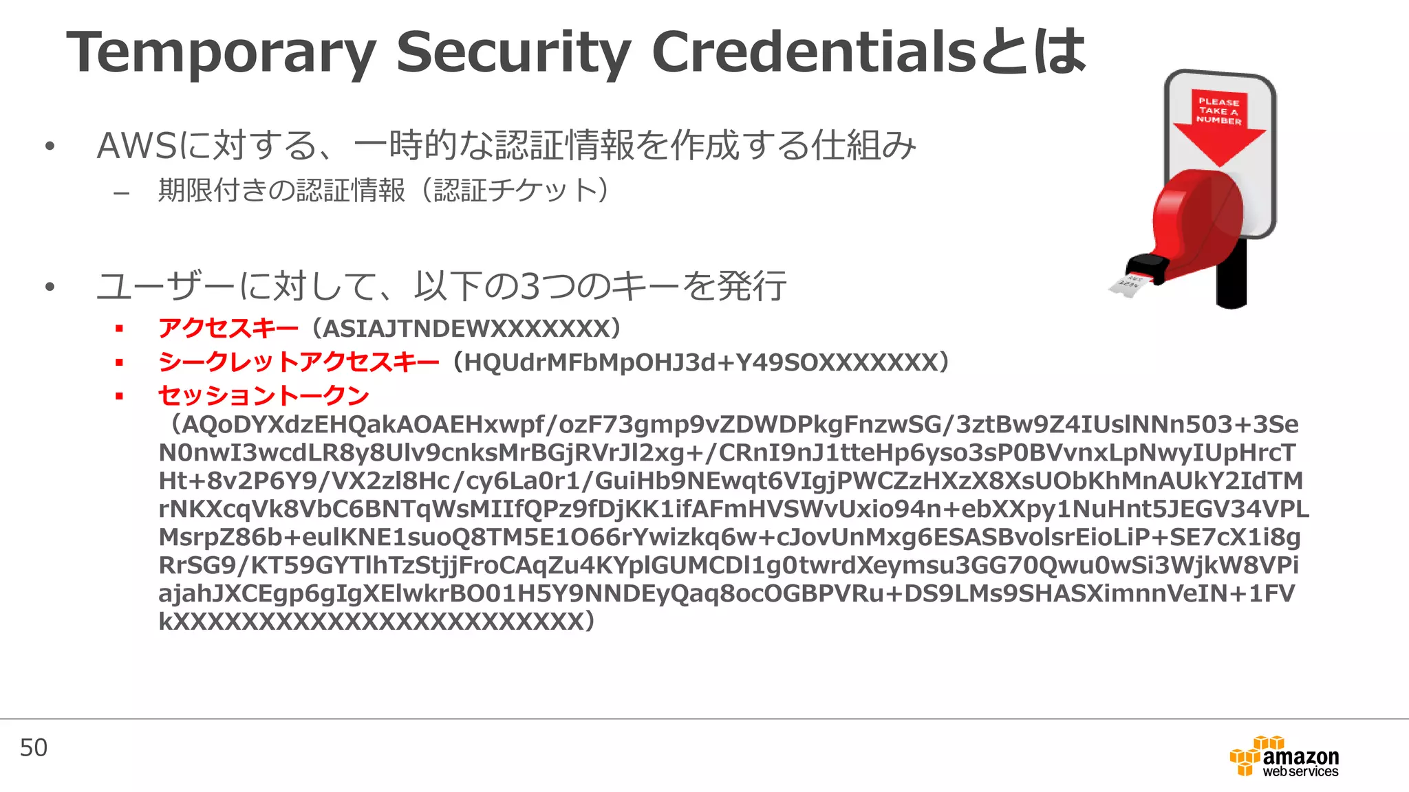Temporary Security Credentialsとは
• AWSに対する、一時的な認証情報を作成する仕組み
– 期限付きの認証情報（認証チケット）
• ユーザーに対して、以下の3つのキーを発行
 アクセスキー（ASIAJTNDEWXXXXXXX）
 シークレットアクセスキー（HQUdrMFbMpOHJ3d+Y49SOXXXXXXX）
 セッショントークン
（AQoDYXdzEHQakAOAEHxwpf/ozF73gmp9vZDWDPkgFnzwSG/3ztBw9Z4IUslNNn503+3Se
N0nwI3wcdLR8y8Ulv9cnksMrBGjRVrJl2xg+/CRnI9nJ1tteHp6yso3sP0BVvnxLpNwyIUpHrcT
Ht+8v2P6Y9/VX2zl8Hc/cy6La0r1/GuiHb9NEwqt6VIgjPWCZzHXzX8XsUObKhMnAUkY2IdTM
rNKXcqVk8VbC6BNTqWsMIIfQPz9fDjKK1ifAFmHVSWvUxio94n+ebXXpy1NuHnt5JEGV34VPL
MsrpZ86b+eulKNE1suoQ8TM5E1O66rYwizkq6w+cJovUnMxg6ESASBvolsrEioLiP+SE7cX1i8g
RrSG9/KT59GYTlhTzStjjFroCAqZu4KYplGUMCDl1g0twrdXeymsu3GG70Qwu0wSi3WjkW8VPi
ajahJXCEgp6gIgXElwkrBO01H5Y9NNDEyQaq8ocOGBPVRu+DS9LMs9SHASXimnnVeIN+1FV
kXXXXXXXXXXXXXXXXXXXXXXXX）
50
 