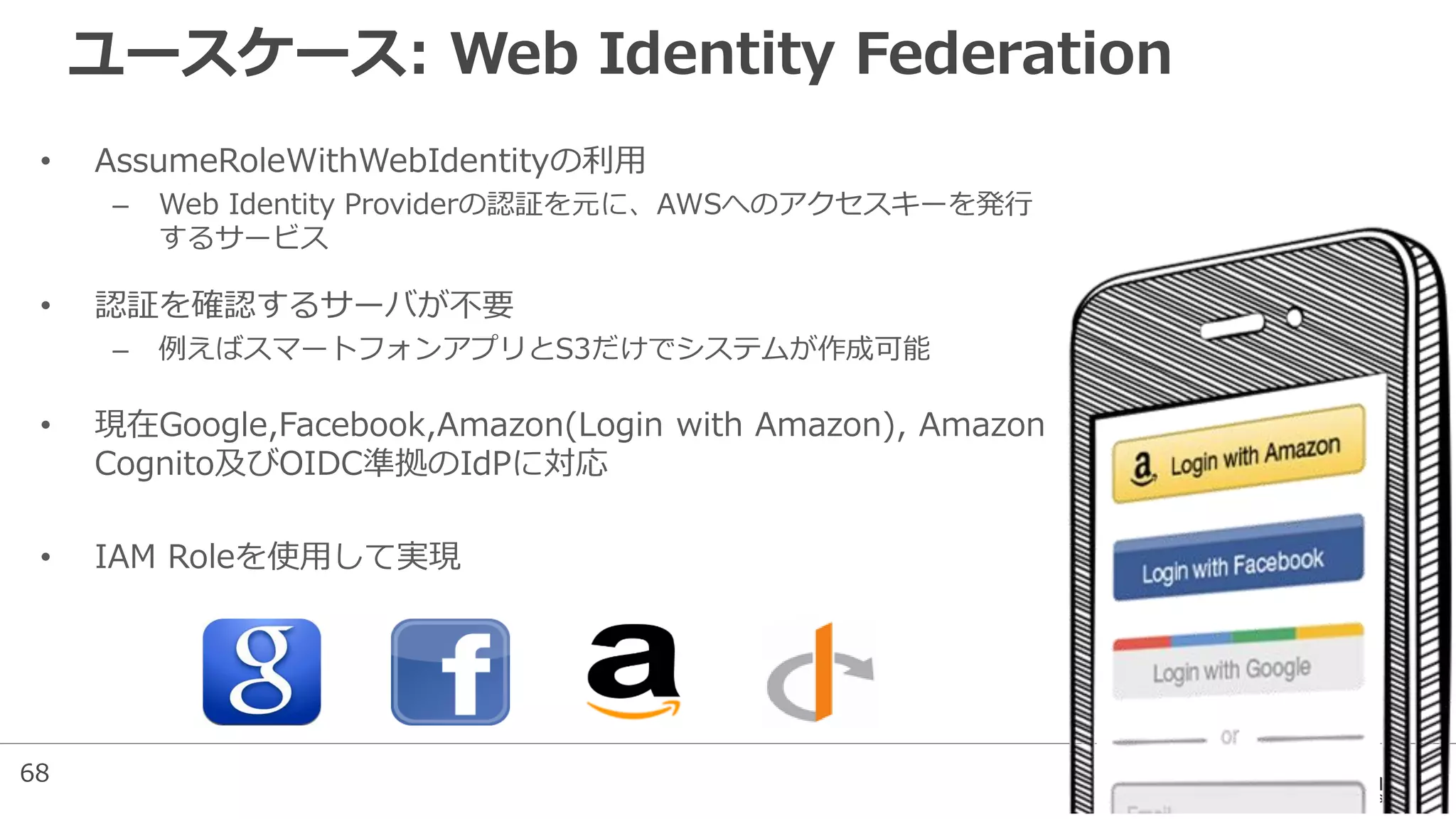 ユースケース: Web Identity Federation
• AssumeRoleWithWebIdentityの利用
– Web Identity Providerの認証を元に、AWSへのアクセスキーを発行
するサービス
• 認証を確認するサーバが不要
– 例えばスマートフォンアプリとS3だけでシステムが作成可能
• 現在Google,Facebook,Amazon(Login with Amazon), Amazon
Cognito及びOIDC準拠のIdPに対応
• IAM Roleを使用して実現
68
 