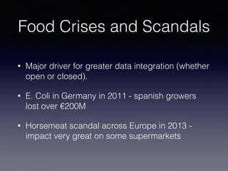 Food Crises and Scandals
• Major driver for greater data integration (whether
open or closed).
• E. Coli in Germany in 201...