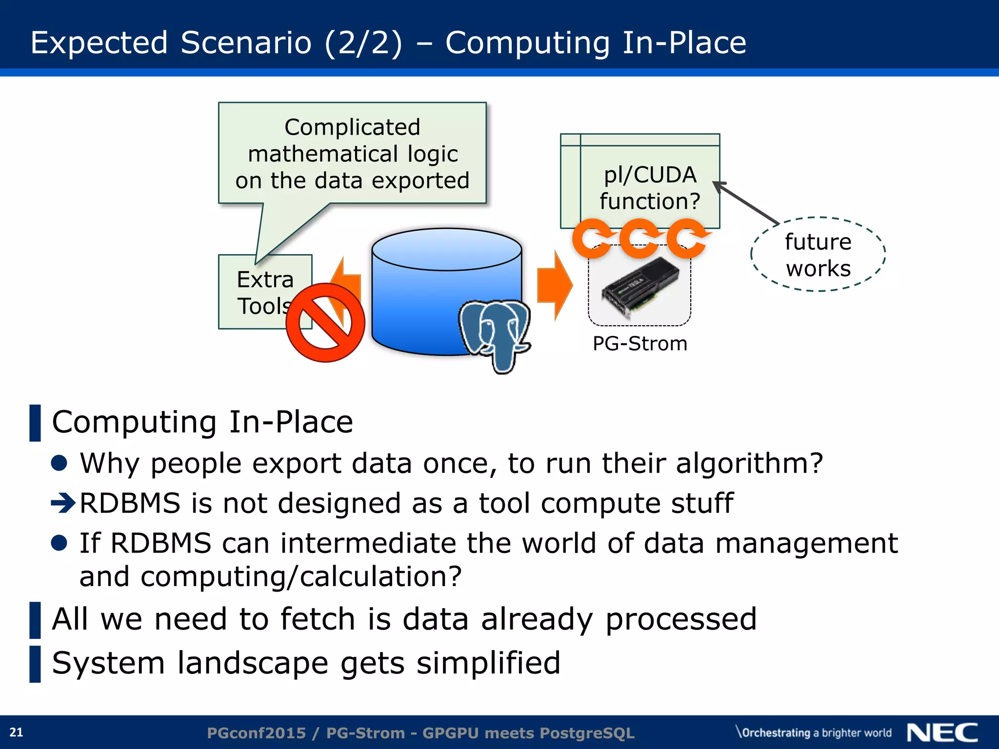 21
Expected Scenario (2/2) – Computing In-Place
▌Computing In-Place
 Why people export data once, to run their algorithm?
RDBMS is not designed as a tool compute stuff
 If RDBMS can intermediate the world of data management
and computing/calculation?
▌All we need to fetch is data already processed
▌System landscape gets simplified
PGconf2015 / PG-Strom - GPGPU meets PostgreSQL
PG-Strom
Extra
Tools
pl/CUDA
function?
Complicated
mathematical logic
on the data exported
future
works
 