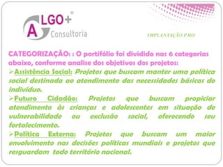 CATEGORIZAÇÃO: : O portifólio foi dividido nas 6 categorias
abaixo, conforme analise dos objetivos dos projetos:
Assistência Social: Projetos que buscam manter uma política
social destinada ao atendimento das necessidades básicas do
indivíduo.
Futuro Cidadão: Projetos que buscam propiciar
atendimento às crianças e adolescentes em situação de
vulnerabilidade ou exclusão social, oferecendo seu
fortalecimento.
Política Externa: Projetos que buscam um maior
envolvimento nas decisões políticas mundiais e projetos que
resguardam todo território nacional.
IMPLANTAÇÃO PMO
 