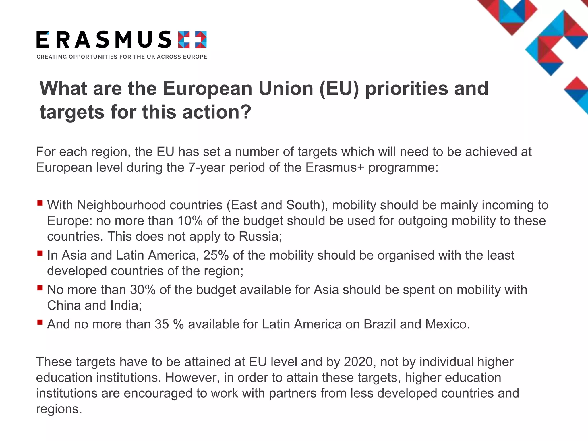 What are the European Union (EU) priorities and
targets for this action?
For each region, the EU has set a number of targets which will need to be achieved at
European level during the 7-year period of the Erasmus+ programme:
 With Neighbourhood countries (East and South), mobility should be mainly incoming to
Europe: no more than 10% of the budget should be used for outgoing mobility to these
countries. This does not apply to Russia;
 In Asia and Latin America, 25% of the mobility should be organised with the least
developed countries of the region;
 No more than 30% of the budget available for Asia should be spent on mobility with
China and India;
 And no more than 35 % available for Latin America on Brazil and Mexico.
These targets have to be attained at EU level and by 2020, not by individual higher
education institutions. However, in order to attain these targets, higher education
institutions are encouraged to work with partners from less developed countries and
regions.
 