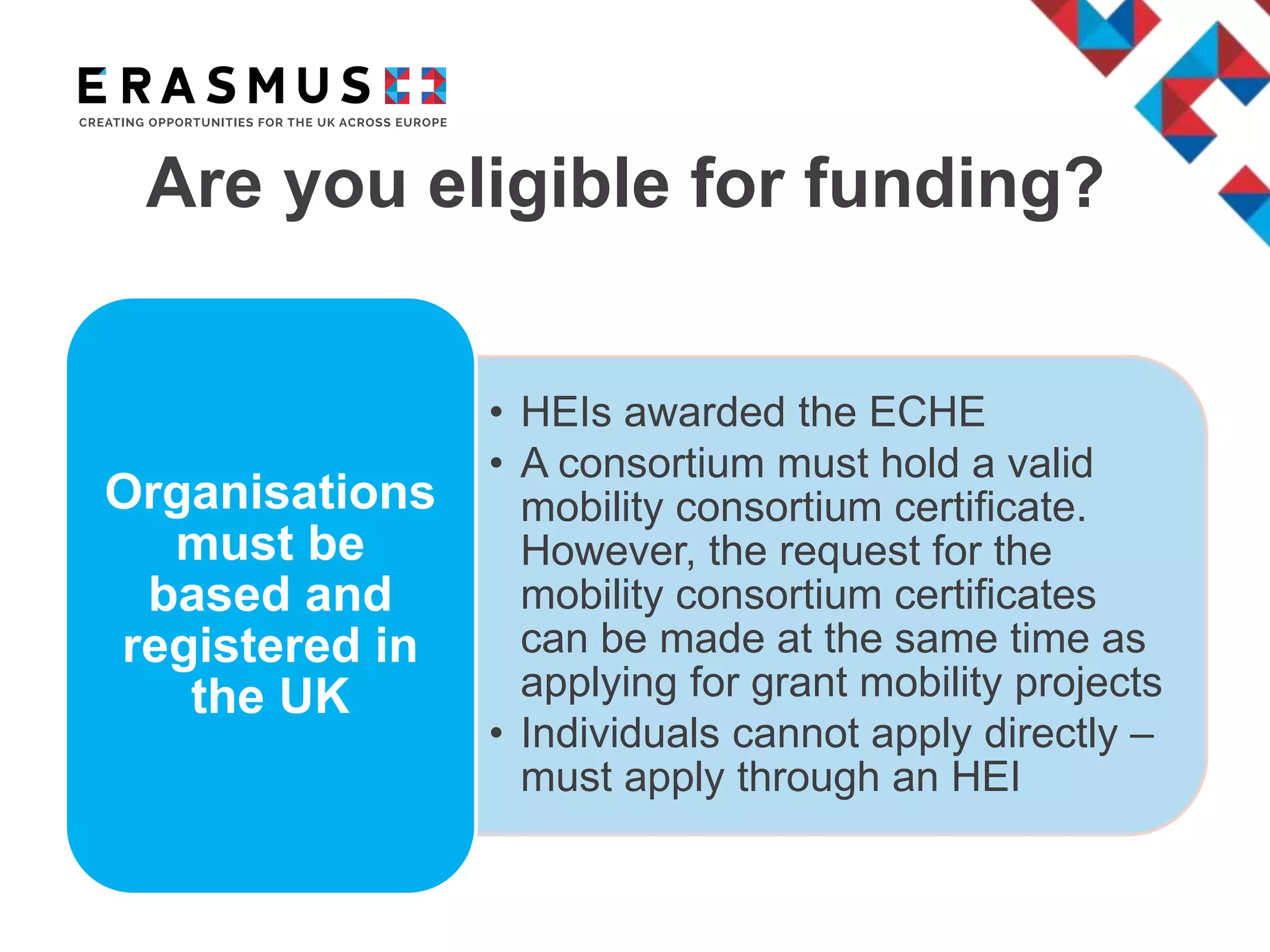 Are you eligible for funding?
• HEIs awarded the ECHE
• A consortium must hold a valid
mobility consortium certificate.
However, the request for the
mobility consortium certificates
can be made at the same time as
applying for grant mobility projects
• Individuals cannot apply directly –
must apply through an HEI
Organisations
must be
based and
registered in
the UK
 
