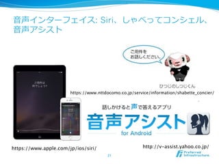 t t : Siri
https://www.apple.com/jp/ios/siri/ http://v-assist.yahoo.co.jp/
https://www.nttdocomo.co.jp/service/information/shabette_concier/
 