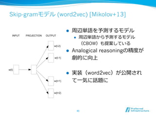 Skip-gram (word2vec) [Mikolov+13]
! 
! 
1CBOW
!  Analogical reasoning
!  1word2vec
 