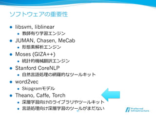 !  libsvm, liblinear
! 
!  JUMAN, Chasen, MeCab
! 
!  Moses (GIZA++)
! 
!  Stanford CoreNLP
! 
!  word2vec
!  Skipgram
!  Theano, Caffe, Torch
!  t
! 
 