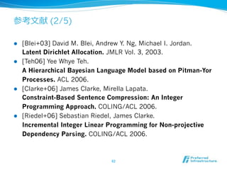 (2/5)
!  [Blei+03] David M. Blei, Andrew Y. Ng, Michael I. Jordan.
Latent Dirichlet Allocation. JMLR Vol. 3, 2003.
!  [Teh06] Yee Whye Teh.
A Hierarchical Bayesian Language Model based on Pitman-Yor
Processes. ACL 2006.
!  [Clarke+06] James Clarke, Mirella Lapata.
Constraint-Based Sentence Compression: An Integer
Programming Approach. COLING/ACL 2006.
!  [Riedel+06] Sebastian Riedel, James Clarke.
Incremental Integer Linear Programming for Non-projective
Dependency Parsing. COLING/ACL 2006.
 