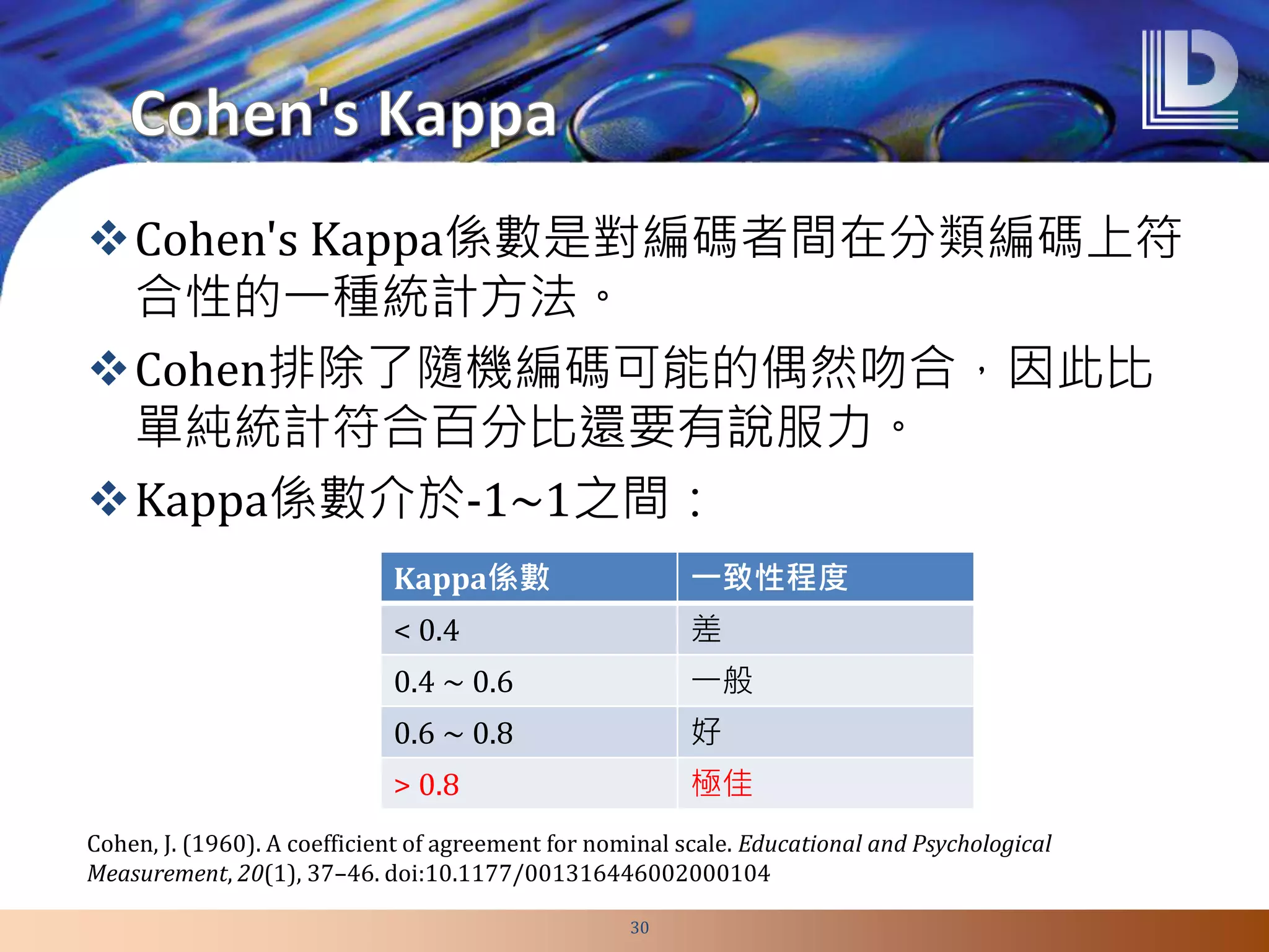 Cohen's Kappa係數是對編碼者間在分類編碼上符
合性的一種統計方法。
Cohen排除了隨機編碼可能的偶然吻合，因此比
單純統計符合百分比還要有說服力。
Kappa係數介於-1~1之間：
30
Cohen, J. (1960). A coefficient of agreement for nominal scale. Educational and Psychological
Measurement, 20(1), 37–46. doi:10.1177/001316446002000104
Kappa係數 一致性程度
< 0.4 差
0.4 ~ 0.6 一般
0.6 ~ 0.8 好
> 0.8 極佳
 