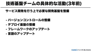 技術基盤チームの具体的な活動(3年前)
サービス開発を行う上で必要な開発基盤を整備
• バージョンコントロールの整備
• デプロイ基盤の整備
• フレームワークのアップデート
• 言語のアップデート
 