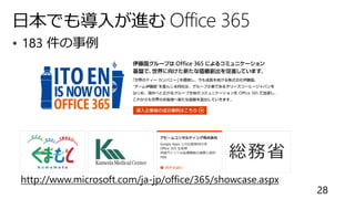 日本でも導入が進む Office 365
 183 件の事例
http://www.microsoft.com/ja-jp/office/365/showcase.aspx
28
 