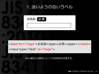 22
<label  for="hoge">お名前<span>必須</span></label>  
<input  type="text"  id="hoge">
1.  迷いようのないラベル
※for属性とid属性によって対応関係を定義する。
 