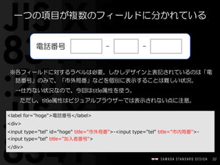 32
<label  for="hoge">電話番号</label>  
<div>  
<input  type="tel"  id="hoge"  title="市外局番">-‐‑‒<input  type="tel"  title="市内局番">-‐‑‒
<input  type="tel"  title="加入者番号">  
</div>
一つの項目が複数のフィールドに分かれている
※各フィールドに対するラベルは必要。しかしデザイン上表記されているのは「電
話番号」のみで、「市外局番」などを個別に表示することは難しい状況。  
→仕方ない状況なので、今回はtitle属性を使う。  
ただし、title属性はビジュアルブラウザーでは表示されない点に注意。
　　　    　　　電話番号 - -
 