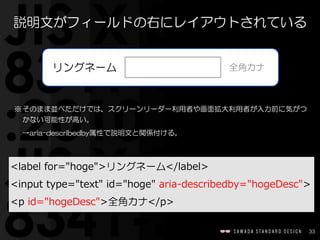 33
<label  for="hoge">リングネーム</label>  
<input  type="text"  id="hoge"  aria-‐‑‒describedby="hogeDesc">  
<p  id="hogeDesc">全角カナ</p>
説明文がフィールドの右にレイアウトされている
※そのまま並べただけでは、スクリーンリーダー利用者や画面拡大利用者が入力前に気がつ
かない可能性が高い。  
→aria-describedby属性で説明文と関係付ける。
 　 　 　リングネーム 全角カナ
 