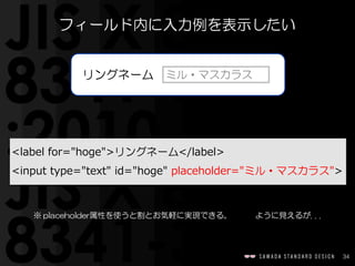 34
<label  for="hoge">リングネーム</label>  
<input  type="text"  id="hoge"  placeholder="ミル・マスカラス">
フィールド内に入力例を表示したい
※ placeholder属性を使うと割とお気軽に実現できる。　　　ように見えるが.  .  .
ミル・マスカラス　　　リングネーム
 