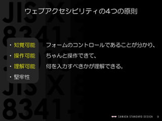 9
•知覚可能　　フォームのコントロールであることが分かり、  
•操作可能　　ちゃんと操作できて、  
•理解可能　　何を入力すべきかが理解できる。  
•堅牢性
ウェブアクセシビリティの4つの原則
 