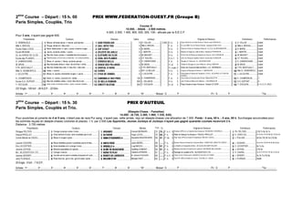 2ème
Course – Départ : 15 h. 00 PRIX WWW.FEDERATION-OUEST.FR (Groupe B)
Paris Simples, Couplés, Trio
Course G
10.000. - Attelé. - 2.500 mètres.
4.500, 2.500, 1.400, 800, 500, 200, 100.- alloués par la S.E.C.F.
Pour 3 ans, n’ayant pas gagné 600.
Propriétaires Couleurs Chevaux Gains Jockeys Origines ♦ Eleveurs Entraîneurs Performances
S. DEMANUELE .......................... Mauve, écharpe jaune, t. mauve, pois jaunes ................................2083?0BB4;08B............................  0 D. VALLEE.................. 2.500 H. b. 3 Opus Viervil et La Folle Envie ♦ Pierre Louis DUBOSCQ................................ D. VALLEE ................................Inédit
Mlle A. BROUEL ..........................!Rouge, étoile et t. bleu-clair.................................................................!20;;F8C7HD .............................  0 Mlle A. BROUEL ............ - F. b. 3 In Love With You et Panca Great ♦ Jacques CHAILLOUX................................ !Mlle A. BROUEL............................Inédit
Ecurie Didier LOUIS ....................Bleue, étoile jaune, m. rges, t. jaune, coutures rouges................................20?0CDC......................................  0 B. MARIE..................... - H. b. 3 Hand du Vivier et Tempete d'Atout ♦ S.C.E.A. du BEAUMANOIR.........................B. MARIE................................Inédit
Ecurie MODAM............................#Jaune, coutures vertes, t. jaune. .........................................................#24;4BC43D9D8;;4 ......................  0 J. MARTIN................... - H. b. 3 Biesolo et Neige du Juille ♦ Mme Fabienne POIRRIER ................................ #J. MARTIN................................Inédit
Ec. du HARAS DU CLOS............$Bleu-fcé, brass. jaunes, t. écartelée bleu-fcé et jaune. ................................$2;C08A43D2;B.......................  0 M. MAUDET................ - H. b. 3 Ni Ho Ped d'Ombree et Natacha du Clos ♦ G.M. DURAND ...............................$M. MAUDET ................................Inédit
Ecurie des PLAINES....................%Blanche,brass. et Croix de Lorraine bls, t. bl, coutures blches...............................%2;34B?;08=4B.......................  0 ST. ROUXEL............... - H. b. f. 3 Let's Go Along et Opaline Folle ♦ Ecurie des PLAINES ................................ %ST. ROUXEL................................Inédit
D. LEMARCHAND.......................Bleue, m. jaunes, t. bleue, coutures jaunes.................................2AB82014;;0 .............................  0 D. LEMARCHAND......... - F. b. 3 Singalo et Tolvera ♦ G.L. BOURGEOIS ..............................................................D. LEMARCHAND ........................Inédit
M. BRUN......................................'Bleu-fcé,bande blche,m. chevr. blc et bl-fcé, t. bl-fcé.................................'2A02:34B?8;;0A3B..................  0 M. BRUN..................... - H. al. 3 Olblak du Bocage et Lune Pellois ♦ Johnny SIMON ................................ 'M. BRUN ................................Inédit
F.Ph. BERTHAULT......................(Bleu-fcé, étoiles bleu-clair, m. bleu-fcé, t. bleu-clair.................................(2A8BC0;3¬0EA8;...........................  0 F.PH. BERTHAULT ....... - H. n.pan 3 Kenor de Cosse et Katia de Mai ♦ J.CL. MORINEAU ................................(F.PH. BERTHAULT.......................Inédit
Mlle Cl. DESMONTILS ................Verte, t. marron. ...................................................................................2DA:..............................................  0 M.P. LE BELLER ........... - H. b. 3 Cygnus d'Odyssee et Sixte ♦ C. MASSON ..........................................................Mlle CL. DESMONTILS ...................Inédit
J. LELOUTRE .............................. Bleue, m. jaunes, brassards rouges, t. jaune.................................2H6034E0=34; ..........................  0 J. LELOUTRE ................ - F. b. 3 Ganymede et Salmia de Vandel ♦ E.A.R.L. ELEVAGE LA TOUR DE
VANDEL.......................................................................................................................
J. LELOUTRE................................Inédit
K. CHAMPENOIS ........................!Noire, m. noires, coutures et t. vertes. ................................ !208;;434B?A4B ................  130 K. CHAMPENOIS .......... - F. b. 3 Gros Grain et Noumea des Pres ♦ Michel BIGOT ..............................................!K. CHAMPENOIS..........................7.
Ecurie S.G. DUPONT ..................Bleu-fcé, bretelles vertes, t. écart. bleu-fcé et vert. ................................2414;;A08= ........................  500 L. DELANOE............... - H. b. 3 Jam Pridem et Miss Echo Bella ♦ J. BOURREAU ..............................................S.G. DUPONT...............................5.
Y. DOCQUIN................................#Grise, brass. et écharpe violets, t. grise, coutures violettes.................................#28=28CH1;C084...........................  550 Y. DOCQUIN............... - H. al. 3 Paisy Dream et Iane Fortuna ♦ Vincent LE GOFF................................ #Y. DOCQUIN................................5. D. D. D. (14) D.
237 Engts - 159 forf. - 28 N.D.P. - 22 Elim.
Arrivée : 1er ............... 2e ............... 3e ............... 4e ............... 5e ............... 6e ............... 7e ............... 8e ............... 9e ............... 10e ............... - Mutuel : G ............... P ............... ............... ............... - PJ : G ............... P ............... ............... ............... - Trio ...............
3ème
Course – Départ : 15 h. 30 PRIX D'AUTEUIL
Paris Simples, Couplés et Trio.
(Steeple-Chase. - Femelles)
14.000 - (6.720, 3.360, 1.960, 1.330, 630).
Pour pouliches et juments de 4 et 5 ans, n’étant pas de race Pur sang, n’ayant pas, cette année, reçu en steeple-chases une allocation de 7.000. Poids : 4 ans, 65 k. ; 5 ans, 69 k. Surcharges accumulées pour
les sommes reçues en steeple-chases (victoires et places) :1 k. par 2.500.Les Apprentis, Jeunes Jockeys et Jockeys n’ayant pas gagné quarante courses recevront 2 k.
Distance : 3.700 mètres
Propriétaires Couleurs Chevaux Montes Poids (1) Origines ♦ Eleveurs Entraîneurs Performances
Philippe PELTIER................................ Orange coutures noires t noire.............................................................0A60=24........................................ Vincent BERNARD..... 72 70... F. b.-f. 5 Khalkevi (IRE) et La Caleche Des Dames ♦ RAYMOND CHEVREUX.................. PH. PELTIER................................(14) Ts 6s 3s 1s
Pascal PRIOLLET................................ !Grise ceinture  brass. verts t ecartelee gris  vert................................!0;503A........................................ Hugo LUCAS............. 70 68... F. b. 5 Nidor et Hotesse Du Boulay ♦ PASCAL PRIOLLET .................................... !E. LERAY (S)................................2s 5s 9p (14) Ah 8p 6p (13) 0p 5p
Comte Michel de GIGOU................................Bleue m rouges t grise................................................................0==03¬D308A84BΦ.................. Alexandre BAUDOIN-BOIN
..................................
69 67... F. bb. 5 Peer Gynt (JPN) et Iroise D'Oudairies ♦ MICHEL GIGOU...................................... J. FOLLAIN................................4s 6s (14) Ah As (13) 6p
Laurent GODARD................................ #Bleue bretelles jaunes t ecartelee jaune et bleu................................#0=8C0AB4................................... Julien MOREL............ 69 ....... F. b. 5 Bonbon Rose et Nonita De Clerval ♦ Mme CHRISTINE LAMOTTE D'ARGY....... #L. GODARD................................4s 5s As (14) 9h 6h 4h 8p 3p 5p
Eric LECOIFFIER..................................................$Noire bretelles et m orange t noire.......................................................$0A@D8;;4Φ........................................ Luigi MACELI............. 69 67... F. b. 5 Le Balafre et Kataquille ♦ Mme JACQUELINE BARTHELEMY ............................. $E. LECOIFFIER.............................6s 7s As
Jerome LEPAGE...................................................%Blanche epaulettes et t grenat .............................................................%0;8=434140D274=4............. Geoffrey DUMONT..... 69 67... F. b. 5 Maresca Sorrento et Iranica De Laulne ♦ RAYMOND BELLANGER .................... %J. LEPAGE................................(14) 6s
M.L. BLOODSTOCK LTD................................Orange t marron ................................................................ 1A=C?;0H............................ Clement LEFEBVRE..... 67 ....... F. b. 4 Racinger et Jouable ♦ M.L. BLOODSTOCK LTD.......................................... G. CHEREL ................................2s 2s 1h 6h Ah (14) 4p 1p 3p 3p
Jerome GENDRY..................................................'Cerclee vert et violet m violettes brassards et t verts................................'170:C834;0AA43H0............ M. Jerome FOUCHER .. 66 ....... F. b.-f. 4 Crillon et Kin D'Estruval ♦ MAURICE ALEXIS LETCHIMY..................................... 'J. GENDRY................................5s 3s 7s (14) 6p
Jerry PLANQUE....................................................(Rose trois los. gris m los. gris et roses t grise................................(186I03¬A............................... Mickael HUET............ 65 ....... F. b. 4 Puit D'Or (IRE) et Etoile Du Lion ♦ ECURIE JC. LAISIS........................................ (J. PLANQUE................................Inédit
25 Engts - 9 forf. - 7 N.D.P.
Arrivée : 1er ............... 2e ............... 3e ............... 4e ............... 5e ............... 6e ............... 7e ............... 8e ............... 9e ............... 10e ............... - Mutuel : G ............... P ............... ............... ............... - PJ : G ............... P ............... ............... ............... - Trio ...............
 