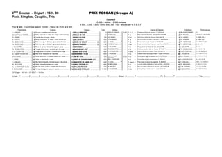 4ème
Course – Départ : 16 h. 00 PRIX TOSCAN (Groupe A)
Paris Simples, Couplés, Trio
Course F
13.000. - Attelé. - 2.500 mètres.
5.850, 3.250, 1.820, 1.040, 650, 260, 130.- alloués par la S.E.C.F.
Pour 4 ans, n’ayant pas gagné 10.200. - Recul de 25 m. à 4.000.
Propriétaires Couleurs Chevaux Gains Jockeys Origines ♦ Eleveurs Entraîneurs Performances
F. LEMOINE................................ Rouge, t. écartelée blanc et rouge......................................................14;;44C8=.............................  0 Mlle AUDE LEMOINE......... 2.500 F. b. f. 4 Prodigious et Marine du Hauzey ♦ F. LEMOINE .................................................Mlle AUDE LEMOINE ......................D.
Gervais Pascal HUARD...............!Noire, épaul.rges, m. chevr. noir et rge, t. noire cout.roug..........................!1;4434283 .................................  0 ST. ROUXEL............... - F. b. 4 Mark Speed et Olepine ♦ Gervais Pascal HUARD................................ !ST. ROUXEL................................Dm (14) 0. T. Dm Dm 8m
Ch. HENRY................................ Cerclée bleu et rouge, t. bleue. ...........................................................189D3DA2................................  200 CH. HENRY ................ - H. al. 4 Nil du Rib et Histoire de Mouen ♦ Roger MACE .................................................CH. HENRY................................0. (14) 8. 0. 6. 0.
Ol. ROHON ................................ #Rouge, bande jaune, m. vertes, t. écart. jaune et vert. ................................#14;;0E8BC0 ....................................  1 560 ET. HAMARD.............. - F. al. 4 Baccarat du Pont et Palma de Begam ♦ C. BERNARD ................................ #ET. HAMARD ................................8. (14) 4. 5. D.
Ph. DEROYAND ..........................$Écart. blc et rge, m. blches, t. rge, coutures blanches. ................................$1A8B434B024H ....................... (E)  2 220 C. NOVE....................* - F. al. 4 Roi du Coq et Lune de Sacey ♦ R. HAIGRON ....................................................$PH. DEROYAND...........................0. R. 8. Dm 8. (14) 3.
Ph. DEROYAND ..........................%Écart. blc et rge, m. blches, t. rge, coutures blanches. ................................%10B8;430;14A......................... (E)  3 130 PH. DEROYAND............ - H. al. 4 Carpe Diem et Kalinka d'Orgeres ♦ Jean Pierre DESGUE................................ %PH. DEROYAND...........................2. D. 9. 7.
J. LELOUTRE ..............................Bleue, m. jaunes, brassards rouges, t. jaune.................................14EA8= .......................................  3 490 J. LELOUTRE ................ - H. b. 4 Paisy Dream et Ototautte ♦ J. LELOUTRE................................ J. LELOUTRE................................6. 2. D.
Th. DESMARRES........................'Rouge, m. blanches, t. écartelée gris et rouge.................................'10AA02=4944?..........................  3 590 TH. DESMARRES ......... - H. b. 4 Du Bois de Santal et Idylle de Chenu ♦ M. PAGET ............................................'TH. DESMARRES.........................0. D. 6. 5. 7. D.
A. LE COURTOIS........................(Rouge, épaul.et m. grises, t. écartelée gris et rouge.................................(1BB34B28C4B ............................  3 840 A. LE COURTOIS.......... - H. al.br. 4 Isigny de Montfort et Lodzia ♦ Vincent BROHIER ...............................................(A. LE COURTOIS..........................9. 0. R. Dm Dm 4.
Ec. Laurent KOUBICHE ..............Bleu-foncé, brassards et t. bleu-clair................................. 1DA1=3¬0;10 .........................  3 870 L. KOUBICHE ................ - H. b. 4 Extreme Aunou et Jousse d'Alba ♦ Claude GIRAUDET..............................L. KOUBICHE................................D. 5. (14) 2. 0. D. 6.
B.R. PLAIRE ................................ Bleue, épaul.noires, m. bleues, coutures et t. noires.................................14H;E4 ....................................  7 420 Mme C. PLAIRE-
DELAUNAI ..........................
2.525 H. b. 4 Quirky Jet et Olga Hunaudieres ♦ A. BOUTEILLER................................ B.R. PLAIRE................................D. D. D. 5. 2. (14) 5.
F. GIRRE......................................!Verte, m. bleu-foncé, t. verte. ..............................................................!14BC56A0=3270?ÒÒ ....... 7 610 Mlle C. CHERADAME ........ - H. b. 4 First de Retz et Naomi Grandchamp ♦ F. GIRRE ...............................................!A. LEBOURGEOIS........................6. 4. 3. 3. D. R.
F. LEBLANC ................................Bleu-foncé, brassards et écharpe rouges, t. bleu-foncé...............................18B2CC43420AB8ÒÒ............... 8 440 B. DUVAL....................** - F. rouan 4 Paris Haufor et Quira l'Auvergnier ♦ P. JEANROT................................ F. LEBLANC................................3m D. D. D. (14) Dm 3.
Ph. BEILEARD.............................#Verte, brassards, écharpe et t. noirs................................. #140DCA4BAÒÓ........................... 8 840 PH. BEILEARD .............. - H. b. 4 Ludo de Castelle et Melodie du Tresor ♦ Mme L. BEILEARD................................#PH. BEILEARD..............................5. (14) 4. 2. 5. D. 6.
Ec. du HARAS DU CLOS............$Bleu-fcé, brass. jaunes, t. écartelée bleu-fcé et jaune. ................................$10;I023D2;B...........................  9 790 M. MAUDET................ - H. b. 4 Reve des Vallees et Resolue du Vivrot ♦ G.M. DURAND ................................$G.M. DURAND ..............................7. 8. 2. 0. (14) 9. 9.
R. BEAUCAMP ............................%Dentée mi-beige mi-marron, t. marron................................. %1;8343¬4CA4;;4B .....................  10 080 D. DAUVERNE............... - H. al. 4 Kasting d'Urzy et Quella Justice ♦ Lionel CATELINE ................................ %D. DAUVERNE..............................8. 4. D. D. D. (14) 2.
237 Engts - 167 forf. - 21 N.D.P. - 18 Elim.
Arrivée : 1er ............... 2e ............... 3e ............... 4e ............... 5e ............... 6e ............... 7e ............... 8e ............... 9e ............... 10e ............... - Mutuel : G ............... P ............... ............... ............... - PJ : G ............... P ............... ............... ............... - Trio ...............
 