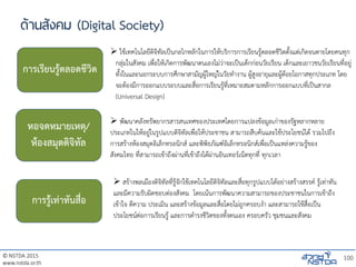 © NSTDA 2015
www.nstda.or.th
ด้านสังคม (Digital Society)
100
การเรียนรู้ตลอดชีวิต
หอจดหมายเหตุ/
ห้องสมุดดิจิทัล
การรู้เท่าทันสื่อ
 ใช้เทคโนโลยีดิจิทัลเป็นกลไกหลักในการให้บริการการเรียนรู้ตลอดชีวิตตั้งแต่เกิดจนตายโดยคนทุก
กลุ่มในสังคม เพื่อให้เกิดการพัฒนาตนเองไม่ว่าจะเป็นเด็กก่อนวัยเรียน เด็กและเยาวชนวัยเรียนที่อยู่
ทั้งในและนอกระบบการศึกษาสามัญผู้ใหญ่ในวัยทางาน ผู้สูงอายุและผู้ด้อยโอกาสทุกประเภท โดย
จะต้องมีการออกแบบระบบและสื่อการเรียนรู้ที่เหมาะสมตามหลักการออกแบบที่เป็นสากล
(Universal Design)
 พัฒนาคลังทรัพยากรสารสนเทศของประเทศโดยการแปลงข้อมูลเก่าของรัฐหลากหลาย
ประเภทในให้อยู่ในรูปแบบดิจิทัลเพื่อให้ประชาชน สามารถสืบค้นและใช้ประโยชน์ได้ รวมไปถึง
การสร้างห้องสมุดอิเล็กทรอนิกส์ และพิพิธภัณฑ์อิเล็กทรอนิกส์เพื่อเป็นแหล่งความรู้ของ
สังคมไทย ที่สามารถเข้าถึงผ่านที่เข้าถึงได้ผ่านอินเทอร์เน็ตทุกที่ ทุกเวลา
 สร้างพลเมืองดิจิทัลที่รู้จักใช้เทคโนโลยีดิจิทัลและสื่อทุกรูปแบบได้อย่างสร้างสรรค์ รู้เท่าทัน
และมีความรับผิดชอบต่องสังคม โดยเน้นการพัฒนาความสามารถของประชาชนในการเข้าถึง
เข้าใจ ตีความ ประเมิน และสร้างข้อมูลและสื่อโดยไม่ถูกครอบงา และสามารถใช้สื่อเป็น
ประโยชน์ต่อการเรียนรู้ และการดารงชีวิตของทั้งตนเอง ครอบครัว ชุมชนและสังคม
 