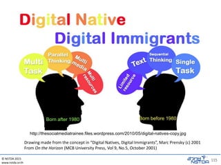 © NSTDA 2015
www.nstda.or.th
115
115
http://thesocialmediatrainee.files.wordpress.com/2010/05/digital-natives-copy.jpg
Drawing made from the concept in “Digital Natives, Digital Immigrants”, Marc Prensky (c) 2001
From On the Horizon (MCB University Press, Vol 9, No.5, October 2001)
Born before 1980Born after 1980
 