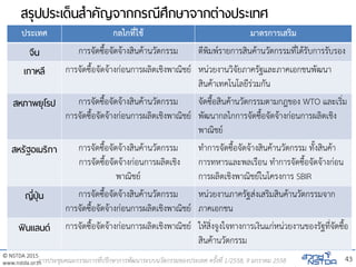 © NSTDA 2015
www.nstda.or.th
สรุปประเด็นสาคัญจากกรณีศึกษาจากต่างประเทศ
ประเทศ กลไกที่ใช้ มาตรการเสริม
จีน การจัดซื้อจัดจ้างสินค้านวัตกรรม ตีพิมพ์รายการสินค้านวัตกรรมที่ได้รับการรับรอง
เกาหลี การจัดซื้อจัดจ้างก่อนการผลิตเชิงพาณิชย์ หน่วยงานวิจัยภาครัฐและภาคเอกชนพัฒนา
สินค้าเทคโนโลยีร่วมกัน
สหภาพยุโรป การจัดซื้อจัดจ้างสินค้านวัตกรรม
การจัดซื้อจัดจ้างก่อนการผลิตเชิงพาณิชย์
จัดซื้อสินค้านวัตกรรมตามกฎของ WTO และเริ่ม
พัฒนากลไกการจัดซื้อจัดจ้างก่อนการผลิตเชิง
พาณิชย์
สหรัฐอเมริกา การจัดซื้อจัดจ้างสินค้านวัตกรรม
การจัดซื้อจัดจ้างก่อนการผลิตเชิง
พาณิชย์
ทาการจัดซื้อจัดจ้างสินค้านวัตกรรม ทั้งสินค้า
การทหารและพลเรือน ทาการจัดซื้อจัดจ้างก่อน
การผลิตเชิงพาณิชย์ในโครงการ SBIR
ญี่ปุ่น การจัดซื้อจัดจ้างสินค้านวัตกรรม
การจัดซื้อจัดจ้างก่อนการผลิตเชิงพาณิชย์
หน่วยงานภาครัฐส่งเสริมสินค้านวัตกรรมจาก
ภาคเอกชน
ฟินแลนด์ การจัดซื้อจัดจ้างก่อนการผลิตเชิงพาณิชย์ ให้สิ่งจูงใจทางการเงินแก่หน่วยงานของรัฐที่จัดซื้อ
สินค้านวัตกรรม
43การประชุมคณะกรรมการที่ปรึกษาการพัฒนาระบบนวัตกรรมของประเทศ ครั้งที่ 1/2558, 9 มกราคม 2558
 