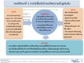© NSTDA 2015
www.nstda.or.th
กรณีศึกษาที่ 2 การจัดซื้อจัดจ้างรถไฟความเร็วสูงในจีน
การจัดซื้อจัดจ้าง
1.รัฐลงทุนซื้อตัวรถไฟความเร็ว
สูง และชิ้นส่วนที่ประกอบขึ้นใน
ต่างประเทศจากผู้ผลิตหลายราย
2.กาหนดเงื่อนไขให้ถ่ายทอด
เทคโนโลยีเพื่อสามารถทาการ
ผลิตเองได้ในอนาคต
อุปสงค์
สภาประชาชนกาหนด
Guide Line ในการขยาย
โครงการก่อสร้างรถไฟ
ความเร็วสูงว่าจีน
จาเป็นต้องพึ่งเทคโนโลยี
จากต่างชาติ แต่ต้องไม่ใช่
เอื้อประโยชน์ต่อเศรษฐกิจ
ต่างชาติเท่านั้น
ผลกระทบ
- ประเทศมีความรู้เทคโนโลยีในการผลิตรถไฟความเร็วสูงที่ได้รับถ่ายทอดจากต่างประเทศ
- สถาบันวิจัยรถไฟในจีน มีการทาวิจัยเข้มข้นขึ้นอย่างชัดเจน เพื่อต่อยอดไปสู่การพึ่งพาตนเอง
- เกิดองค์ความรู้ และสร้างอุตสาหกรรมรถไฟความเร็วสูงให้จีนสามารถทาเองภายในประเทศได้
อุปทาน
- มีสถาบันวิจัยรถไฟใน
ประเทศอยู่แล้ว
- มีอุตสาหกรรมพร้อม
- มีบุคลากรพร้อมถ่ายทอด
เทคโนโลยี
- มีเงินทุนสนับสนุนการทา
วิจัย พัฒนา
- กิจการทุกอย่างเป็นของรัฐ
ง่ายต่อการดาเนินการให้บรรลุ
วัตถุประสงค์
กระตุ้นการ
รวมตัวกันของ
ผู้ผลิตในจีน
46การประชุมคณะกรรมการที่ปรึกษาการพัฒนาระบบนวัตกรรมของประเทศ ครั้งที่ 1/2558, 9 มกราคม 2558
 