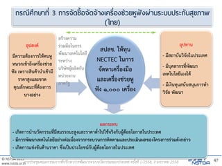 © NSTDA 2015
www.nstda.or.th
กรณีศึกษาที่ 3 การจัดซื้อจัดจ้างเครื่องช่วยหูฟังผ่านระบบประกันสุขภาพ
(ไทย)
สปสช. ให้ทุน
NECTEC ในการ
จัดหาเครื่องมือ
และเครื่องช่วยหู
ฟัง ๑,๐๐๐ เครื่อง
อุปสงค์
มีความต้องการให้คนหู
หนวกเข้าถึงเครื่องช่วย
ฟัง เพราะสินค้านาเข้ามี
ราคาสูงและขาด
คุณลักษณะที่ต้องการ
บางอย่าง
ผลกระทบ
- เกิดการนานวัตกรรมที่มีสมรรถนะสูงและราคาต่าไปใช้จริงกับผู้ด้อยโอกาสในประเทศ
- มีการพัฒนาเทคโนโลยีอย่างต่อเนื่องจากกระบวนการติดตามและประเมินผลของโครงการร่วมดังกล่าว
- เกิดการแข่งขันด้านราคา ซึ่งเป็นประโยชน์กับผู้ด้อยโอกาสในประเทศ
อุปทาน
- มีสถาบันวิจัยในประเทศ
- มีบุคลากรที่พัฒนา
เทคโนโลยีเองได้
- มีเงินทุนสนับสนุนการทา
วิจัย พัฒนา
สร้างความ
ร่วมมือในการ
พัฒนาเทคโนโลยี
ระหว่าง
บริษัทผู้ผลิตกับ
หน่วยงาน
ภาครัฐ
47การประชุมคณะกรรมการที่ปรึกษาการพัฒนาระบบนวัตกรรมของประเทศ ครั้งที่ 1/2558, 9 มกราคม 2558
 