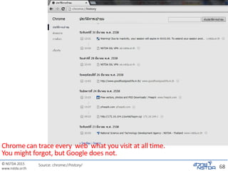 © NSTDA 2015
www.nstda.or.th 68Source: chrome://history/
Chromecan trace every web what you visit at all time.
You might forgot, but Google does not.
 
