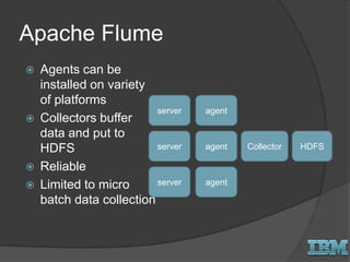 Apache Flume
 Agents can be
installed on variety
of platforms
 Collectors buffer
data and put to
HDFS
 Reliable
 Limited to micro
batch data collection
server agent
Collectorserver agent
server agent
HDFS
 
