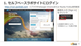 19
1. セルフペースラボサイトにログイン
画面右上の [Sign in]
をクリック
※言語切り替えにより、
日本語メニューも表示可能
クリック
http://run.qwiklab.com ※ブラウザはGoogle Chromeまたは M...