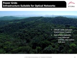 © 2015 Xtera Communications, Inc. Proprietary & Confidential 20
Power Grids
Infrastructure Suitable for Optical Networks
• OPGW cable between
transmission towers
• Not a telco network:
– Long distances
between intermediate
ODF sites
 