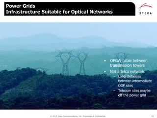 © 2015 Xtera Communications, Inc. Proprietary & Confidential 21
Power Grids
Infrastructure Suitable for Optical Networks
• OPGW cable between
transmission towers
• Not a telco network:
– Long distances
between intermediate
ODF sites
– Telecom sites maybe
off the power grid
 