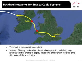 © 2015 Xtera Communications, Inc. Proprietary & Confidential 6
• Technical + commercial innovations
• Instead of having back-to-back terminal equipment in red sites, long
span capabilities enable to deploy optical line amplifiers in red sites or to
skip some of these red sites.
Backhaul Networks for Subsea Cable Systems
London
Dublin
 
