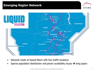 © 2015 Xtera Communications, Inc. Proprietary & Confidential 7
• Network made of leased fibers with few traffic locations
• Sparse population distribution and power availability issues  long spans
Emerging Region Network
 