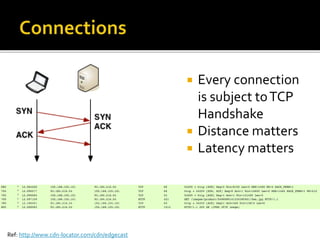  Every connection
is subject toTCP
Handshake
 Distance matters
 Latency matters
Ref: http://www.cdn-locator.com/cdn/edgecast
 