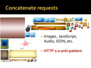  Images , JavaScript,
Audio, JSON, etc.
 HTTP 2.0 anti-pattern
 
