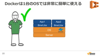 10
Containerをただ起動するだけの場合
• 今までのアプリケーショ
ンと同じ
– 所詮ただのプロセス
• AWS Elastic Beanstalk
• Cluster管理は特に必要
ない
・・・
Deploy
 