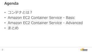 2
Agenda
• Containerとは？
• Amazon EC2 Container Service - Basic
• Amazon EC2 Container Service - Update
• Amazon EC2 Container Service - Advanced
• まとめ
 