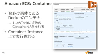 40
Task Definition: Container Definition
{
"name": "simple-demo",
"image": "foo/my-demo",
"cpu": 10,
"memory": 500,
"portMappings": [
{
"containerPort": 80,
"hostPort": 80
}
],
"mountPoints": [
{
"sourceVolume": "my-vol",
"containerPath": "/var/www/my-vol"
}
],
"entryPoint": [
"/usr/sbin/apache2",
"-D",
"FOREGROUND"
],
"essential": true
},
{
"name": "busybox",
"image": "busybox",
"cpu": 10,
"memory": 500,
"volumesFrom": [
{
"sourceContainer": "simple-demo"
}
],
"entryPoint": [
"sh",
"-c"
],
"command": [
"while true; do /bin/date > /var/www/my-vol/date; sleep 1; done"
],
"essential": false
}
 