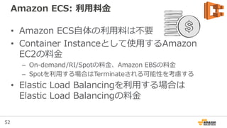 52
Cluster
Amazon ECS: ServiceのUpdate
Service
Task Definition:1 Task Definition:2
Task:1Task:1 Task:1Task:2 Task:2
 