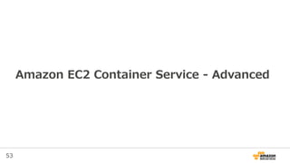 53
Cluster
Amazon ECS: ServiceのUpdate
Service
Task Definition:1 Task Definition:2
Task:1Task:2 Task:2
 