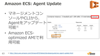 63
New: Amazon CloudWatchメトリクス追加
• Cluster Utilization
– CPU/Memoryの利用率を、
Cluster全体を100%して計算
– Instance Type毎の違いを正規化
するので、複数Type混合でもok
• Service Utilization
– CPU/Memoryの利用率を、Task
Definitionの数値×Task数を
100%として計算
– Data Samplesを見ると、
RUNNINGなTask数も分かる
Amazon ECSのコンソール
CloudWatch Dashboard
http://docs.aws.amazon.com/ja_jp/AmazonECS/latest/developerguide/cloudwatch-metrics.html
 