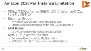 65
Amazon ECS: Volumes
• Hostのfilesystemを
Containerでmountで
きる仕組み※
– Container間の共有
storageとして
– 永続storageとして
• Task Definitionで
volumesを定義する
Host
Container 1
Container 2
※ http://docs.aws.amazon.com/AmazonECS/latest/developerguide/using_data_volumes.html
 