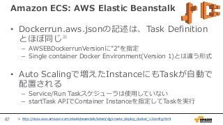 87
Amazon ECS: AWS Elastic Beanstalk
• Dockerrun.aws.jsonの記述は、Task Definition
とほぼ同じ※
– AWSEBDockerrunVersionに"2"を指定
– Single container Docker Environment(Version 1)とは違う形式
• Auto Scalingで増えたInstanceにもTaskが自動で
配置される
– Service/Run Taskスケジューラは使用していない
– startTask APIでContainer Instanceを指定してTaskを実行
※ http://docs.aws.amazon.com/elasticbeanstalk/latest/dg/create_deploy_docker_v2config.html
 