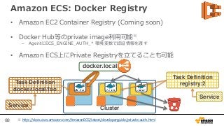 88
Cluster
Amazon ECS: Docker Registry
• Amazon EC2 Container Registry (Coming soon)
• Docker Hub等のprivate image利用可能※
– AgentにECS_ENGINE_AUTH_* 環境変数で認証情報を渡す
• Amazon ECS上にPrivate Registryを立てることも可能
※ http://docs.aws.amazon.com/AmazonECS/latest/developerguide/private-auth.html
Service
Task Definition
registry:2
Service
Task Definition
docker.local/foo
docker.local
 