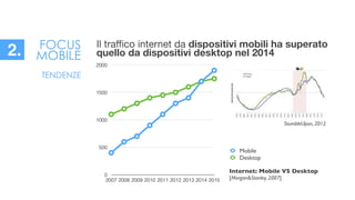 FOCUS
MOBILE
0
500
1000
1500
2000
2007 2008 2009 2010 2011 2012 2013 2014 2015
Mobile
Desktop
Il traﬃco internet da dispositivi mobili ha superato
quello da dispositivi desktop nel 2014
Internet: Mobile VS Desktop	

[Morgan&Stanley, 2007]
StumbleUpon, 2012
TENDENZE
2.
 