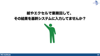 R3 institute
紙やエクセルで業務回して、
その結果を基幹システムに入力してませんか？
33
 